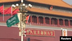 Flags of Saudi Arabia and China are hanged in front of Tiananmen Gate before Saudi Crown Prince Mohammed bin Salman's visit in Beijing, Feb. 21, 2019.