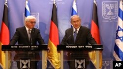 Israel Prime Minister Benjamin Netanyahu, right, speaks during a joint press conference with German President Frank-Walter Steinmeier in Jerusalem, May 7, 2017.