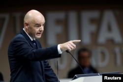 Le président Gianni Infantino parle au 67e congrès de la Fifa à Manama, Bahrein, le 11 mai 2017.