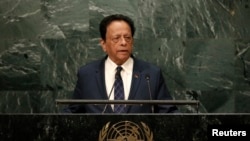 FILE - Prime Minister Anerood Jugnauth of Mauritius addresses the 71st United Nations General Assembly in New York, Sept. 23, 2016. 