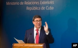 Cuba's Foreign Affairs Minister Bruno Rodriguez gives a press conference in Havana, Cuba, Oct. 3, 2017.