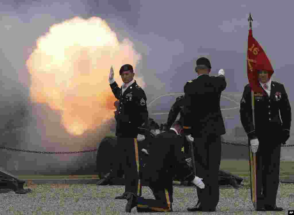 U.S. soldiers fire a salute during a change of command ceremony for Deputy Commander of the South Korea-U.S. Combined Force Command at Yongsan Garrison, a U.S. military base, in Seoul.