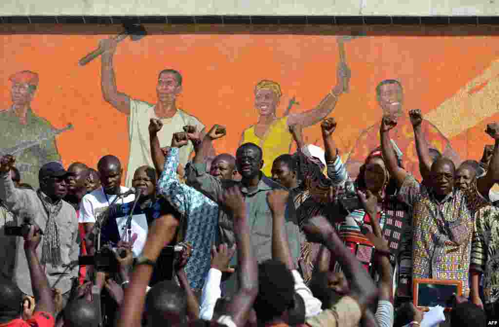 Opposition leaders gather during a protest at the Place de la Nation in Burkina Faso's capital Ouagadougou, calls for the departure of the military.