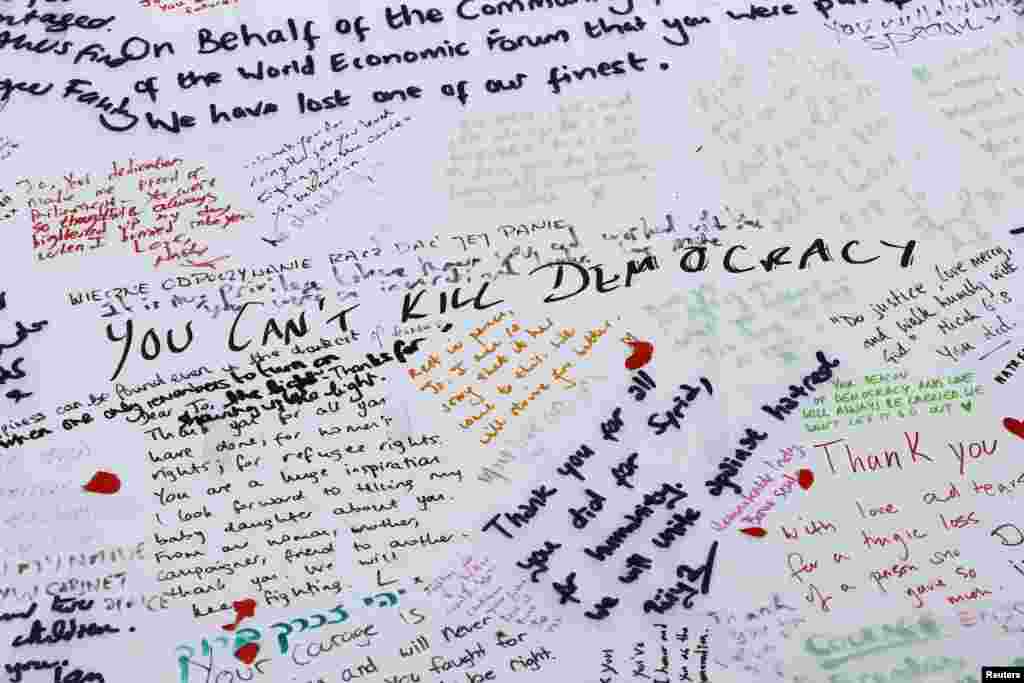 Messages for murdered British Labour Member of Parliament Jo Cox are seen on a board in Parliament Square, London. Cox, 41, a mother of two and former aid worker was known for her advocacy for Syrian refugees, her pro-immigrant stance and, most notably, her opposition to a British exit from the EU.