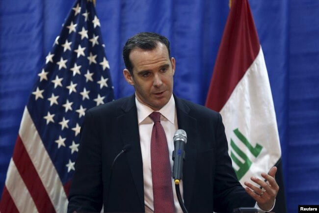 FILE - US envoy Brett McGurk during a news conference at the U.S. Embassy in Baghdad, Iraq, March 5, 2016.