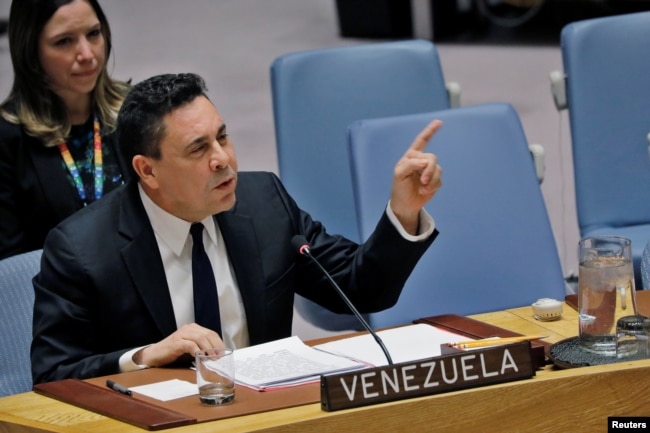 FILE - Venezuelan Ambassador to the United Nations Samuel Moncada speaks during a meeting of the U.N. Security Council on Venezuela's electoral and humanitarian problems at U.N. headquarters in New York, Feb. 28, 2019.