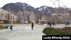 Mountains surround the campus of Brigham Young University in Provo, Utah.