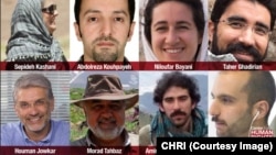 This image, published by the New York-based Center for Human Rights in Iran, shows eight Iranian environmentalists who went on trial in Tehran, Jan. 30, 2019, on suspicion of being spies.