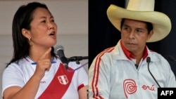  Esta combinación de imágenes creadas el 3 de junio de 2021 muestra una foto de archivo tomada el 1 de mayo de 2021 de la candidata presidencial peruana, la derechista Keiko Fujimori (izq.), hablando durante un debate con el izquierdista Pedro Castillo.