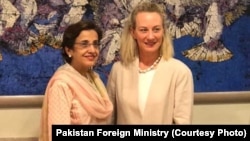 U.S. Principal Deputy Assistant Secretary for South and Central Asia Alice Wells meets with Pakistan Foreign Secretary Tehmina Janjua in Islamabad, July 2, 2018.