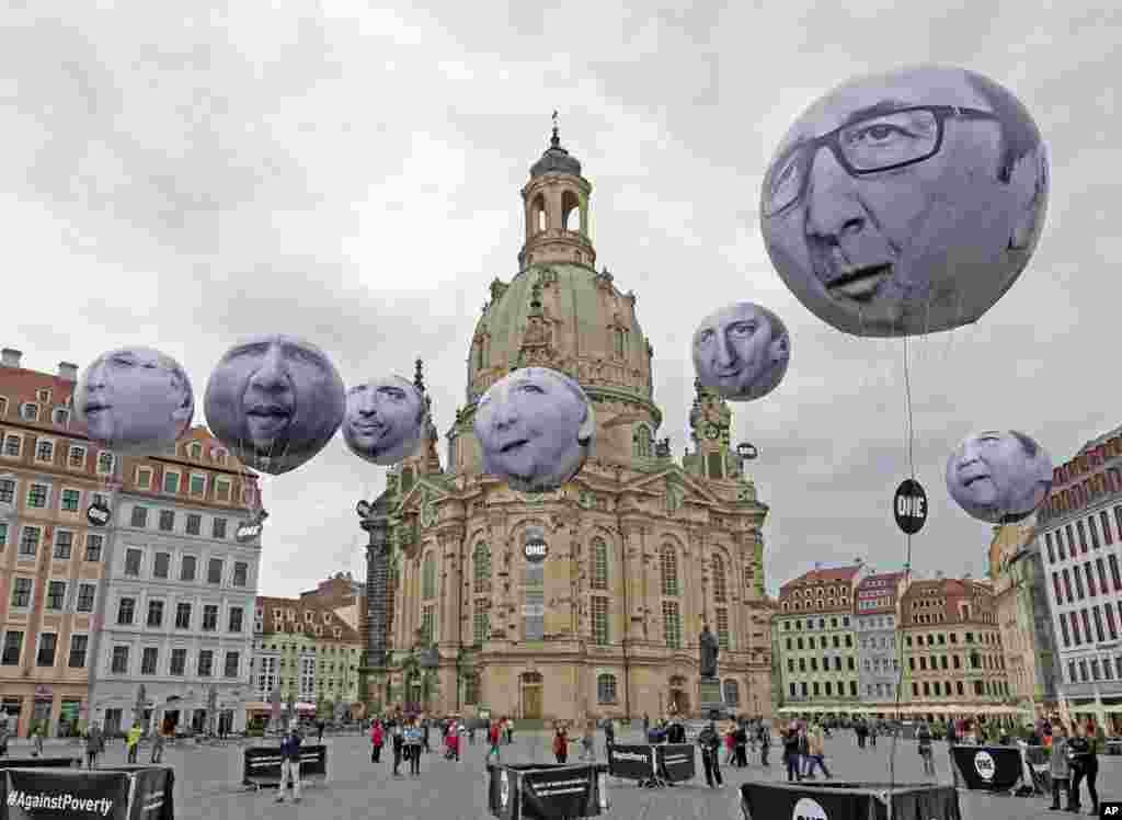 Activists of the international campaigning and advocacy organization ONE installed balloons with portraits of the G7 heads of state in front of the Frauenkirche cathedral (Church of Our Lady) prior to the G7 Finance Ministers meeting in Dresden, Germany.