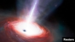 An artist's illustration shows a rapidly feeding black hole that is emitting powerful gas outflows. (NOIRLab/NSF/AURA/J. da Silva/M. Zamani/Handout via REUTERS)