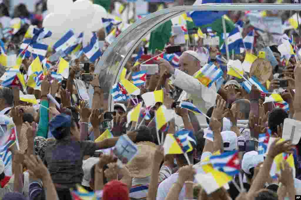Pope Francis arrives for Mass at Revolution Plaza in Havana, Cuba.