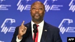 FILE - US Republican presidential candidate Tim Scott speaks at the RJC Annual Leadership Summmit on October 28, 2023 in Las Vegas, Nevada. (Photo by Frederic J. BROWN / AFP)