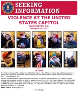 This image released by the FBI on Jan. 8, 2021, shows protesters in the US Capitol on Jan. 6, in Washington, DC. The FBI is seeking to identify the protesters.