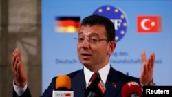 FILE - Istanbul Mayor Ekrem Imamoglu speaks after being given the German-Turkish Friendship Award "Kybele 2019" in Berlin, Nov. 8, 2019. 