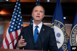 House Intelligence Committee Chairman Adam Schiff, D-Calif., talks to reporters about a transcript of a call between President Donald Trump and Ukrainian President Voldymyr Zelenskiy, at the Capitol in Washington, Sept. 25, 2019.