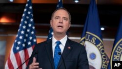 FILE - House Intelligence Committee Chairman Adam Schiff, D-Calif., talks to reporters about a transcript of a call between President Donald Trump and Ukrainian President Voldymyr Zelenskiy, at the Capitol in Washington, Sept. 25, 2019.