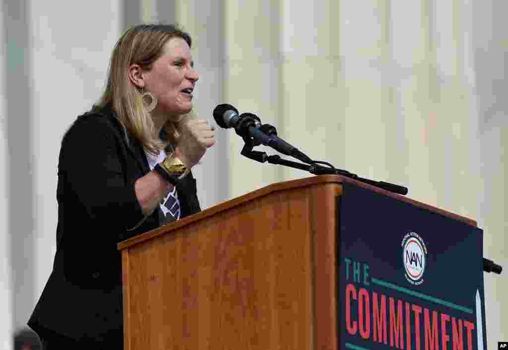 Secretary-treasurer of the AFL-CIO Elizabeth Shuler speaks at the Lincoln Memorial during the March on Washington, Aug. 28, 2020, in Washington.