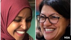 Ilhan Omar (kiri) dan Rashida Tlaib, dua perempuan muslim yang memenangkan kursi DPR AS pada pemilu Selasa (6/11). 