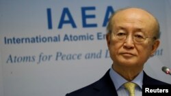 FILE - International Atomic Energy Agency Director General Yukiya Amano addresses a news conference during a board of governors meeting at the IAEA headquarters in Vienna, March 4, 2019. The agency said Friday that Iran is in compliance with its nuclear deal.
