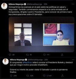 Imágenes de los tuits a los que hace referencia el congresista Sires y que fueron publicados por la embajadora de El Salvador Milena Mayorga.