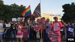 Vigil attendees hold signs against gun violence and homophobia, June 12, 2016. (K. Gypson/VOA)