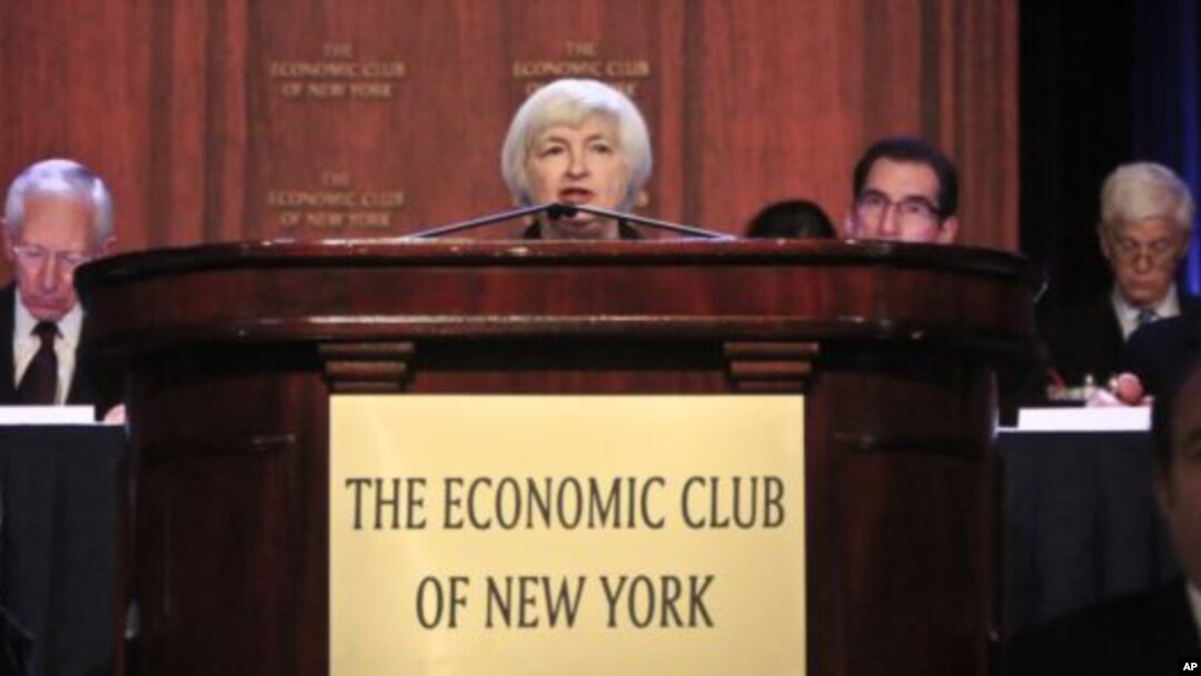 Gubernur Federal Reserve Janet Yellen memberikan AS pidato utama pertamanya tentang kebijakan bank sentral di New York Rabu (16/4). 