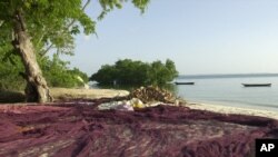 Un pêcheur a étalé son filet sur une plage dans l’archipel de Zanzibar, Tanzanie, 10 février 2004.