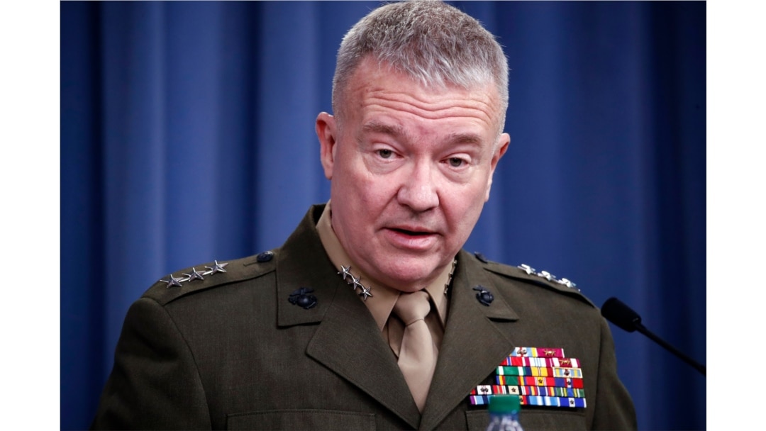 FILE - In this April1 14, 2018, file photo, then-Marine Lt. Gen. Kenneth "Frank" McKenzie speaks during a media availability at the Pentagon in Washington.