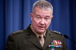 FILE - In this April1 14, 2018, file photo, then-Marine Lt. Gen. Kenneth "Frank" McKenzie speaks to the media at the Pentagon in Washington.