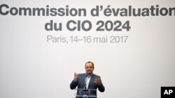 Patrick Baumann, president of the IOC Evaluation Commission for the 2024 Olympic Games addresses the IOC Evaluation Commission session in Paris, May 14, 2017.