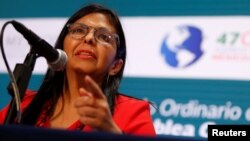 Venezuelan Foreign Minister Delcy Rodriguez speaks during a news conference on the sidelines of the OAS 47th General Assembly in Cancun, Mexico, June 20, 2017. 