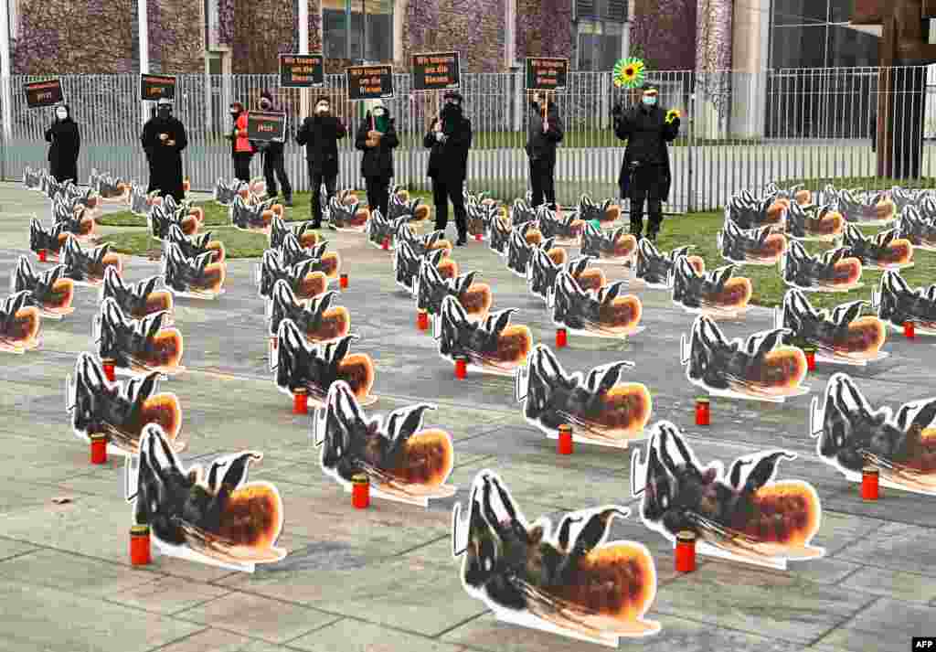 Environmental activists with the group Campact stage a protest, with about 200 oversized cardboard bees installed in front of the Chancellery in Berlin, Germany, to call for more insect protection.