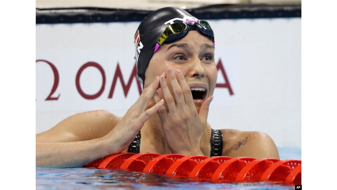 Denmark's Pernille Blume reacts after winning the women's 50-meter freestyle final during the swimming competitions at the 2016 Summer Olympics, Aug. 13, 2016, in Rio de Janeiro, Brazil.