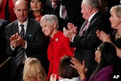 Maureen McCarthy Scalia, widow of Supreme Court Justice Antonin Scalia, is recognized by President Donald Trump during his address to a joint session of Congress, Feb. 28, 2017.