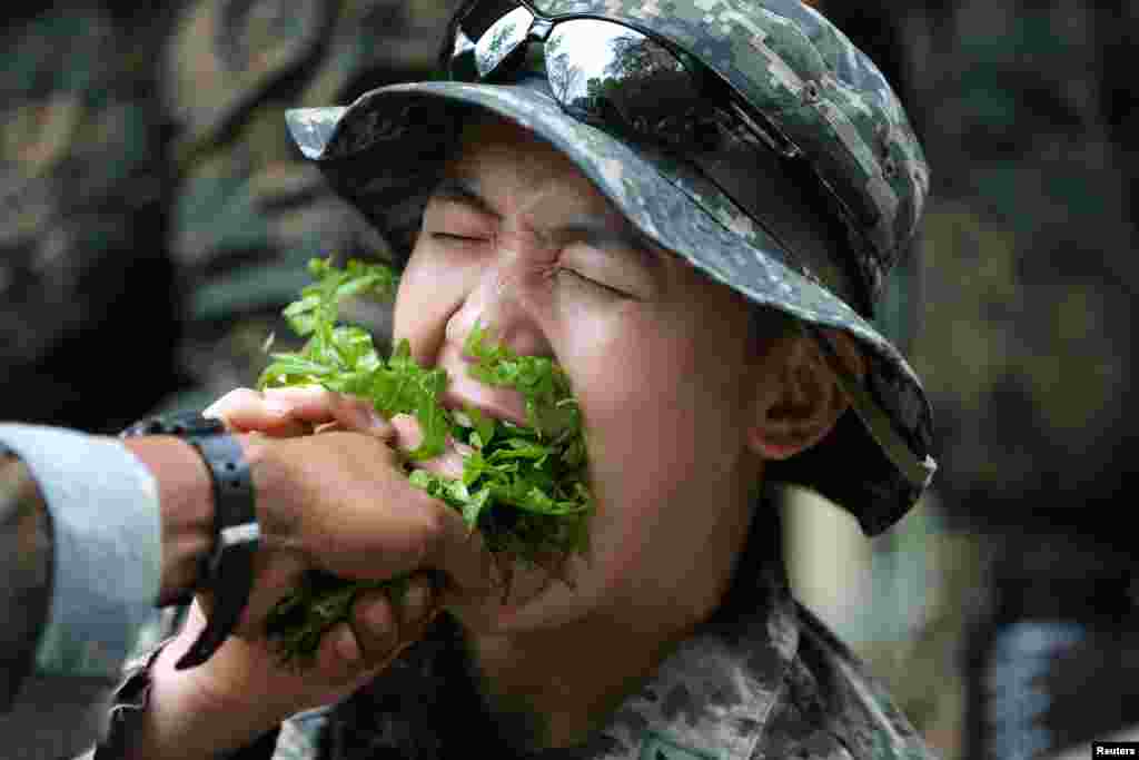 Seorang tentara Korea Selatan berusaha makan sayuran lokal pada latihan ketahanan hidup di hutan, saat latihan militer &quot;Cobra Gold 2018&quot; di Chonburi, Thailand.