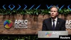 U.S. Secretary of State Antony Blinken speaks at a summit discussion during the Asia-Pacific Economic Cooperation (APEC) summit, in Lima, Peru November 15, 2024.