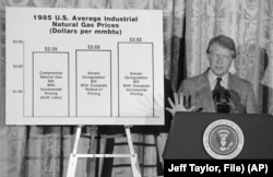 FILE - President Jimmy Carter speaks to executives of gas-using businesses at the White House in Washington, Aug. 31, 1978, before the passage of a natural gas compromise bill.