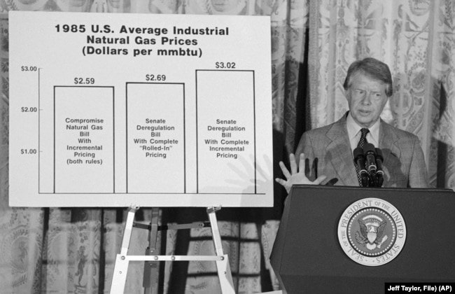 FILE - President Jimmy Carter speaks to ｅxecutives of gas-using businesses at the White House in Washington, Aug. 31, 1978, before the passage of a natural gas compromise bill.