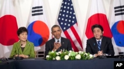 Tổng thống Obama gặp Thủ tướng Nhật Bản Shinzo Abe và Tổng thống Hàn Quốc Park Geun-hye tại tư gia của Đại sứ của Mỹ ở Hà Lan, ngày 25/3/2014.