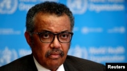 Direktur Jenderal Organisasi Kesehatan Dunia (World Health Organization/WHO) Tedros Adhanom Ghebreyesus, dalam konferensi pers COVID-19 di Jenewa, Swiss, 28 Februari 2020. 