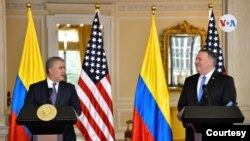 El presidente Iván Duque y el secretario de Estado de EE.UU., Mike Pompeo, en rueda de prensa virtual, en la Casa de Nariño. [Foto: Presidencia Colombia]