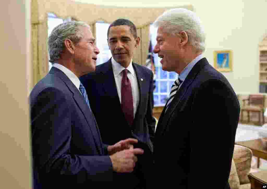 Jan. 16: President Obama had called on the two former Presidents to help with the situation in Haiti. During their public remarks in the Rose Garden, President Clinton had said about President Bush, "I've already figured out how I can get him to do some t