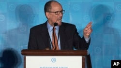 Former Labor Secretary Tom Perez, chosen to be the next chairman of the Democratic National Committee, speaks during the general session of the DNC winter meeting in Atlanta, Feb. 25, 2017. 