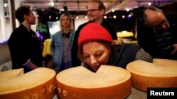 Seorang anggota dewan juri mencium bau keju dalam sebuah kompetisi keju di Burgdorf, Swiss, 14 Maret 2019. (Foto: ilustrasi/Reuters)