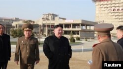 North Korean Leader Kim Jong Un visits the construction site of the Wonsan-Kalma coastal tourist area, North Korea, in this photo released April 5, 2019, by North Korea's Korean Central News Agency.