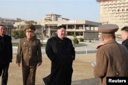 North Korean Leader Kim Jong Un visits the construction site of the Wonsan-Kalma coastal tourist area, North Korea, in this photo released April 5, 2019, by North Korea's Korean Central News Agency.