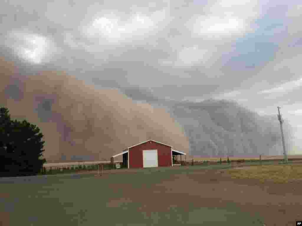 A massive, dramatic dust storm moves toward a barn near Harrington, Washington, USA, Aug. 12, 2014. The dust storm usually arrives before thunderstorms, rain and lightning.