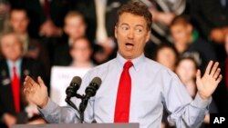 Sen. Rand Paul of Kentucky, a newly declared 2016 Republican presidential candidate, speaks in Milford, New Hampshire, April 8, 2015.